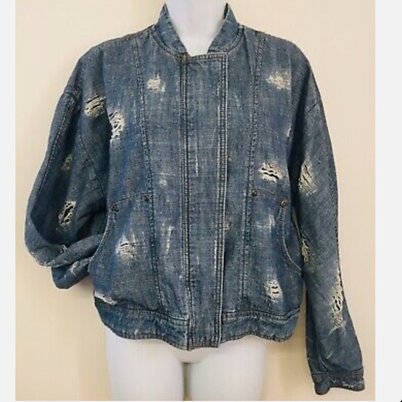 FREE PEOPLE DISTRESSED DENIM BOMBER JACKET - Picture 2 of 15